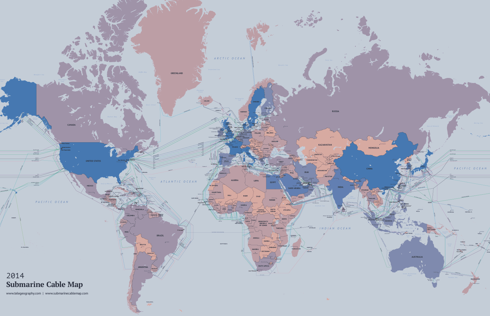 Как   изглежда интернет : Карта на подводните кабели, опасващи нашата планета